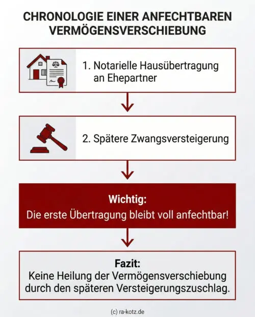 Infografik: Ein vertikales Flussdiagramm zeigt chronologisch, dass eine anfechtbare Grundstücksübertragung an den Ehepartner durch einen späteren Erwerb in der Zwangsversteigerung rechtlich nicht geheilt wird.