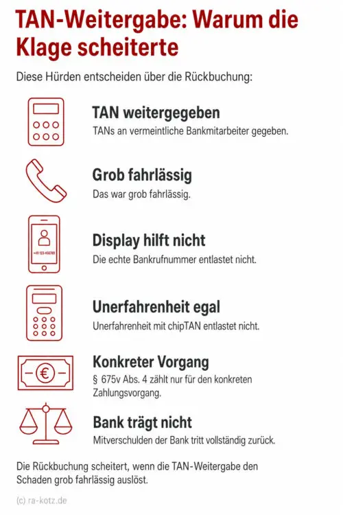 Infografik: TAN-Weitergabe an vermeintliche Bankmitarbeiter ist grob fahrlässig und führt regelmäßig zum Verlust des Rückzahlungsanspruchs – sechs maßgebliche Prüfpunkte in einer Checkliste übersichtlich dargestellt.