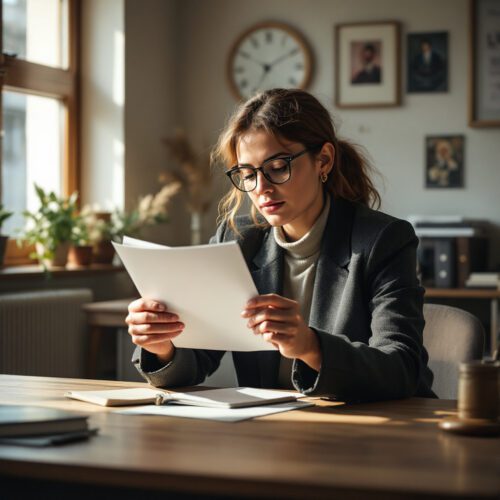 Person hält Dokument im Anwaltsbüro, Symbol für Rechtsschutz, Einigungsgebühr und Verfahrensgebühr im Zivilprozess.